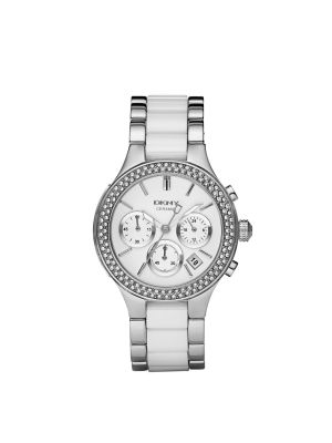 DKNY CHAMBERS WHITE CERAMIC AND POLISHED SILVER WATCH